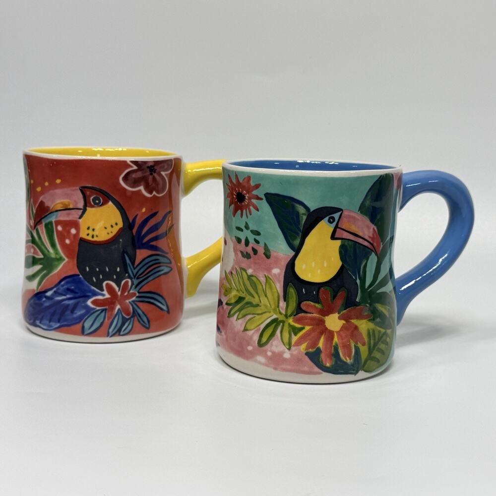 Set 2 Tropical Toucan Floral Jungle Tree Coffee Mug Colorful Heavy Oversized